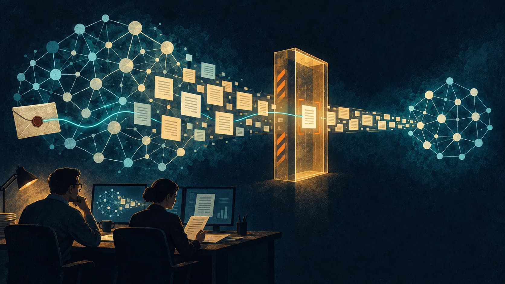 Two analysts inspect a stream of data passing from a large neural network through an amber gate into a smaller model