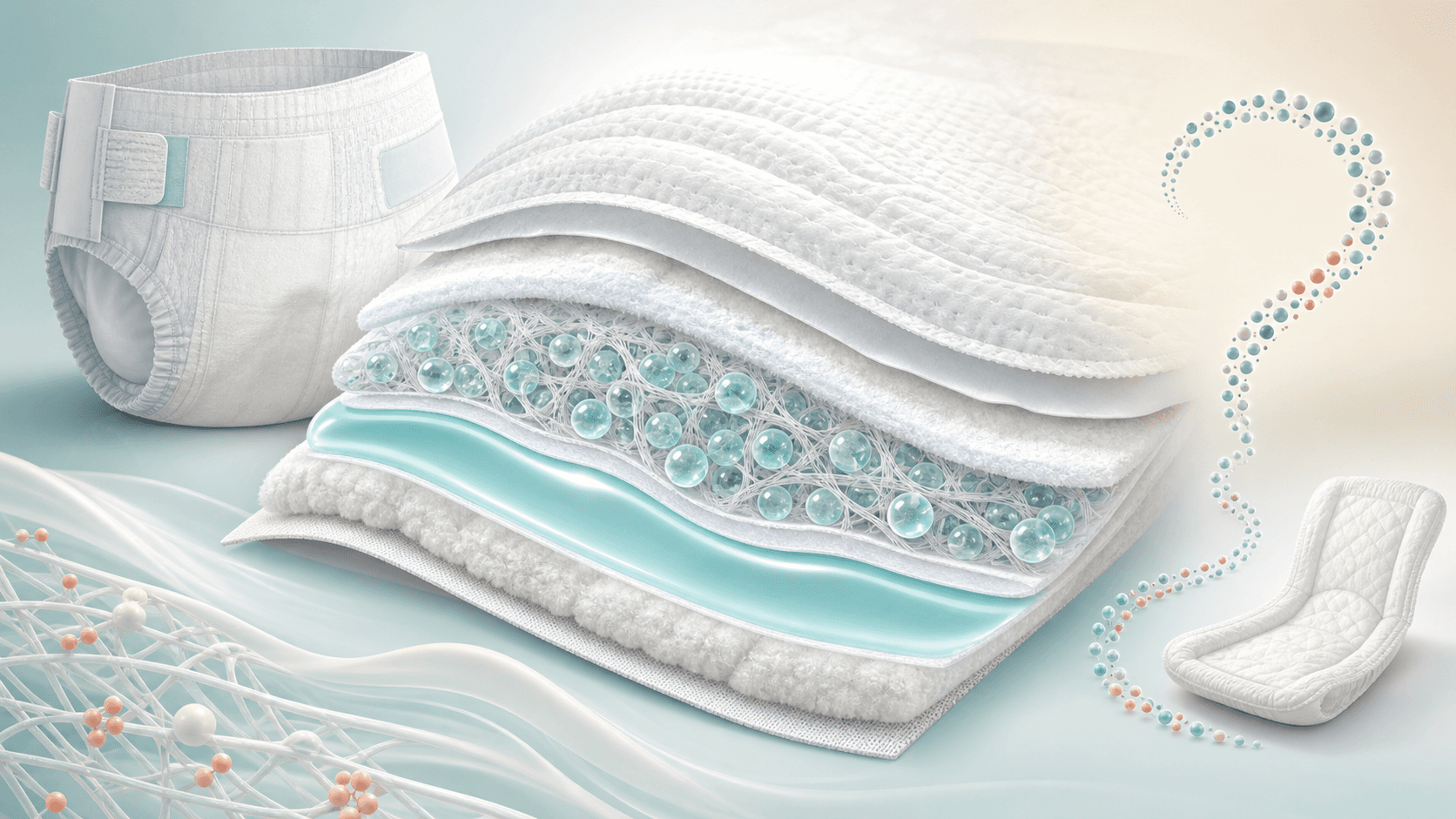 Absorbent product cutaway with aqua odor-capturing microcapsules and pH-buffer layer