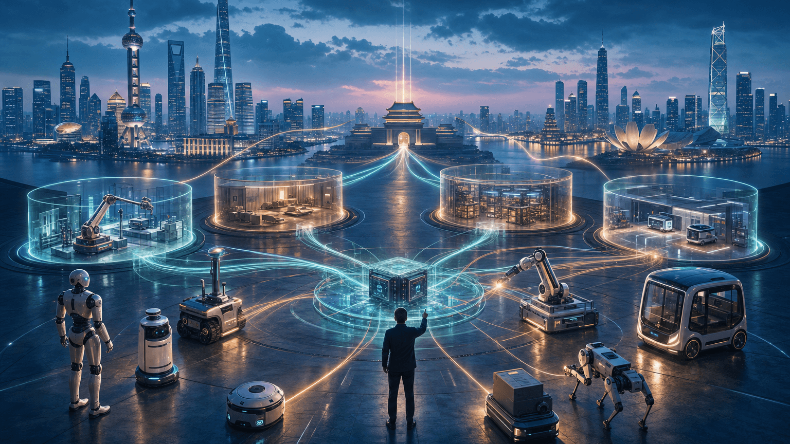 Cinematic concept image of a blue-hour robotics capital observatory where generic robots, glowing due-diligence paths, city beacons, and a private edge-runtime core connect deployment pilots to investor market-map discipline.