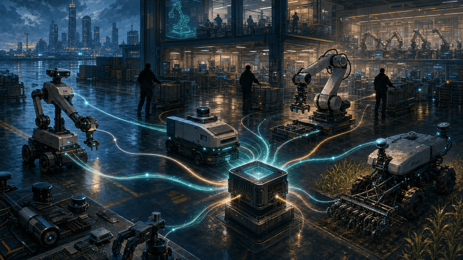 Cinematic concept image of a rain-polished robotics workshop where generic robot prototypes, machine-shop benches, supply-chain crates, and glowing edge-inference paths connect into a prototype-to-production hard-tech network.