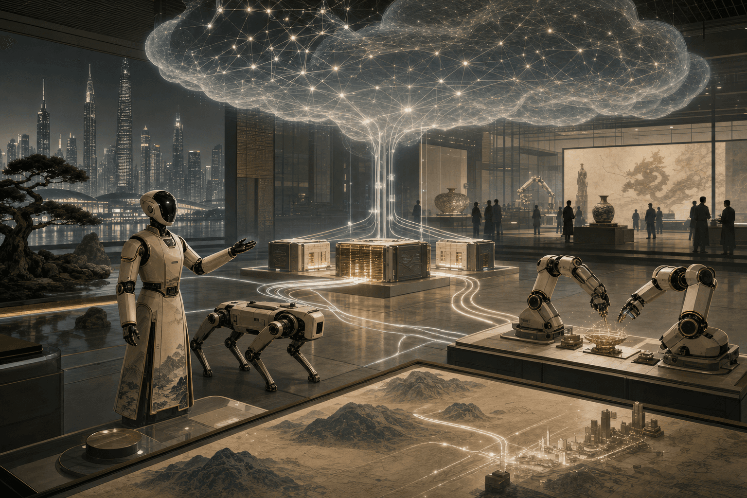 Cinematic Chinese-futurist robotics atrium where a neural cloud sends glowing low-latency paths to a humanoid, quadruped, robotic arms, and edge compute blocks.