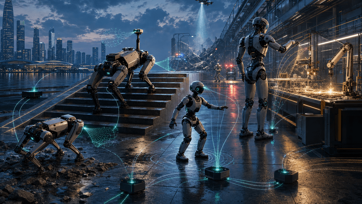 Cinematic concept image of a wet Hangzhou-to-Shenzhen robotics test plaza where generic quadruped and humanoid robots share glowing LiDAR, sensor, motion, and edge-compute paths for low-latency autonomy.