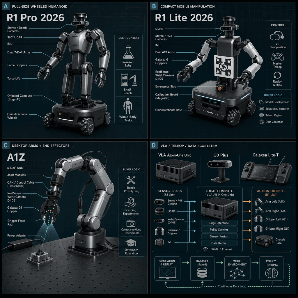 Illustrative square reference-style product map infographic for Galaxea AI, showing R1 Pro, R1 Lite, A1Z desktop arms, and VLA/teleoperation data ecosystem as an engineering handbook page.
