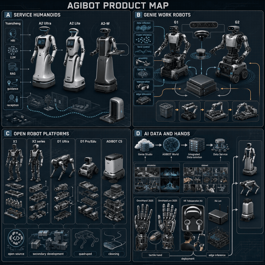 Illustrative square reference-style product map infographic for AGIBOT, showing service humanoids, Genie work robots, open robot platforms, and AI data/hands ecosystem as an engineering handbook page.
