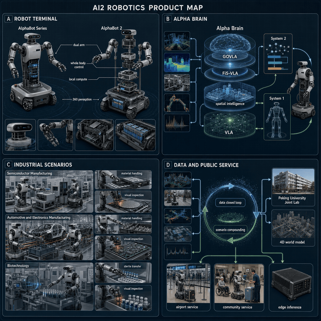 Illustrative square reference-style product map infographic for AI² Robotics, showing AlphaBot robot terminals, Alpha Brain/GOVLA, industrial scenarios, and data/public-service ecosystem as an engineering handbook page.