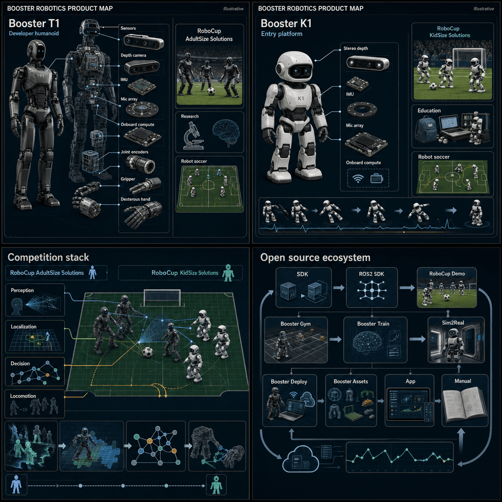 Illustrative square reference-style product map infographic for Booster Robotics, showing Booster T1, Booster K1, RoboCup AdultSize/KidSize competition solutions, and the SDK/open-source developer ecosystem as an engineering handbook page.
