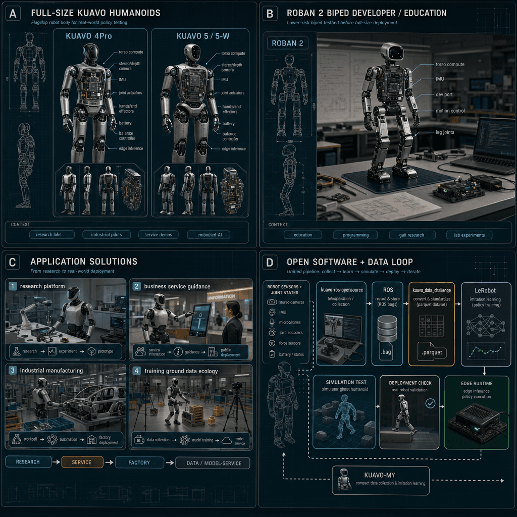 Illustrative square reference-style product map infographic for Leju Robotics, showing KUAVO humanoids, ROBAN 2 developer biped, application solutions, and open software/data loops as an engineering handbook page.