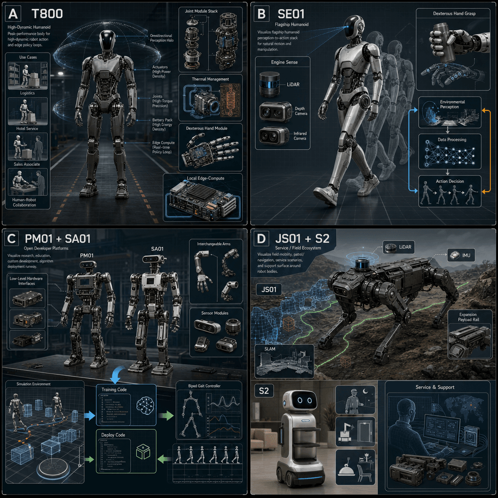 Illustrative square reference-style product map infographic for EngineAI, showing T800 and SE01 humanoids, PM01/SA01 open biped platforms, and JS01/S2 field and service ecosystem as an engineering handbook page.