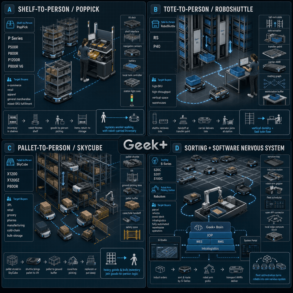 Illustrative square reference-style product map infographic for Geek+, showing shelf-to-person PopPick, tote-to-person RoboShuttle, pallet-to-person SkyCube, and sorting/software warehouse robotics families as an engineering handbook page.