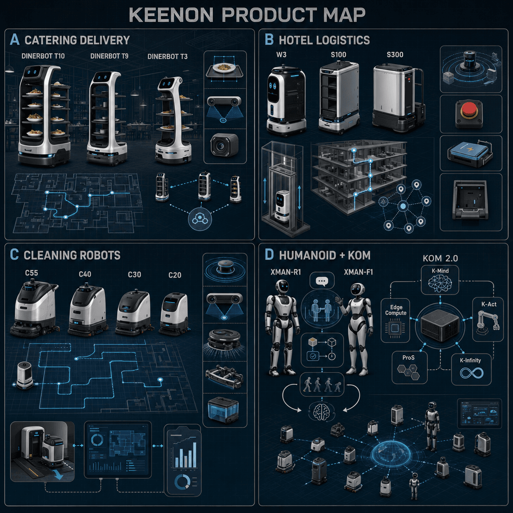 Illustrative square reference-style product map infographic for KEENON Robotics, showing catering delivery robots, hotel logistics robots, cleaning robots, and humanoid/fleet intelligence as an engineering handbook page.