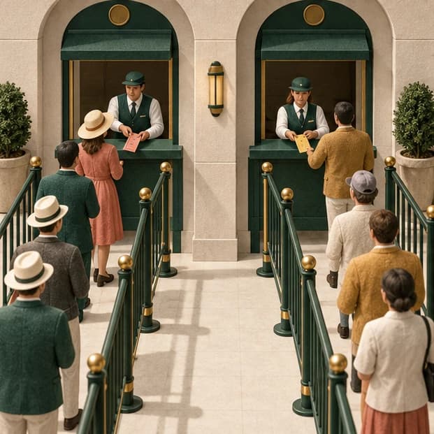 Two ticket windows with different colored tickets and separate spectator queues