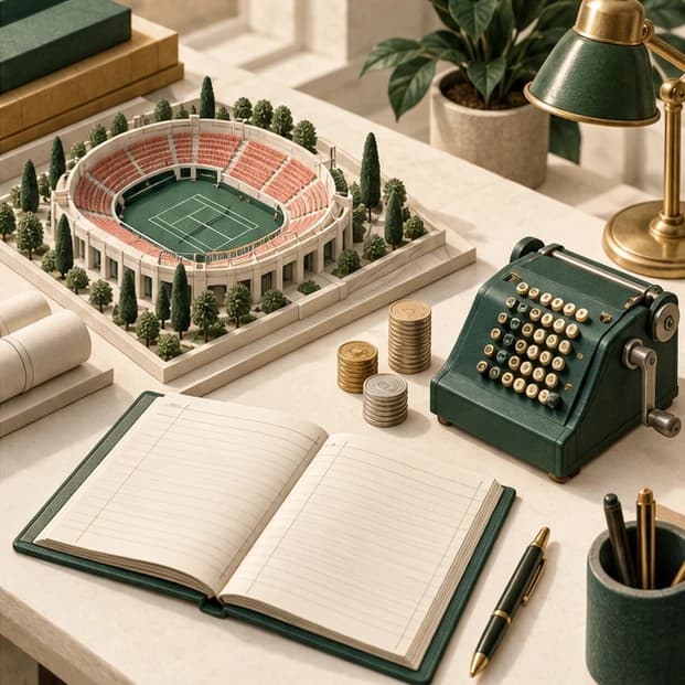 A stadium scale model beside a blank ledger, coins and an adding machine