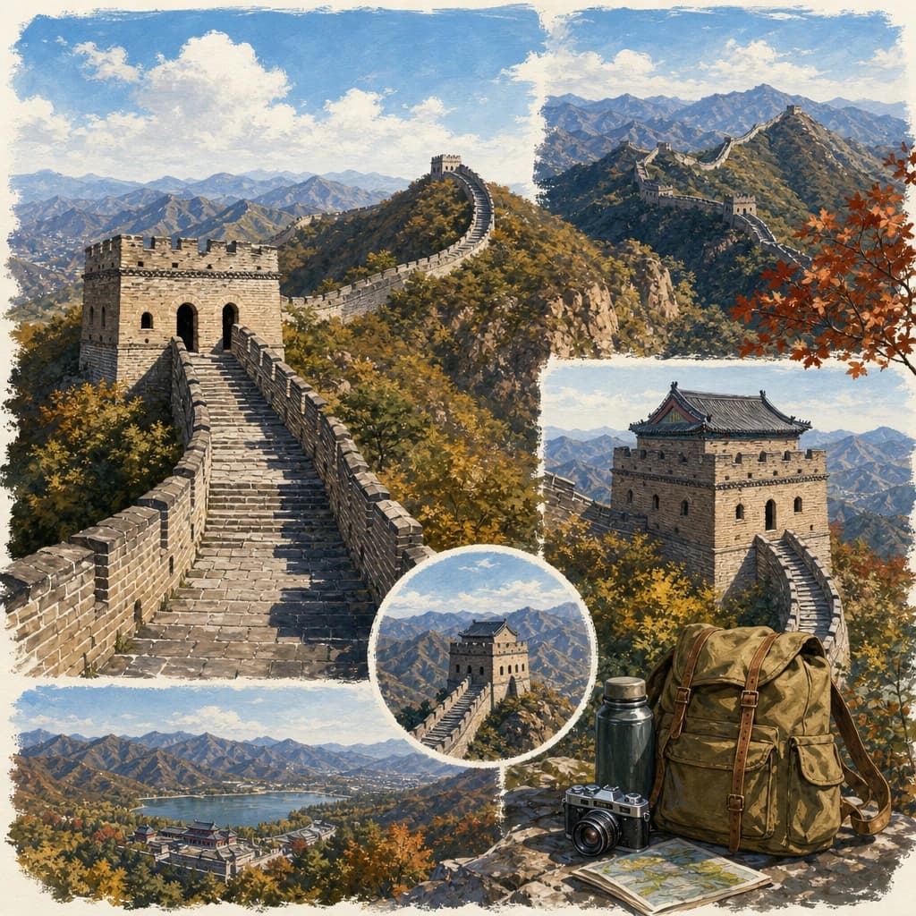Illustrated Huangyaguan Great Wall near Tianjin with mountain ridges, watchtowers, and rugged stone steps