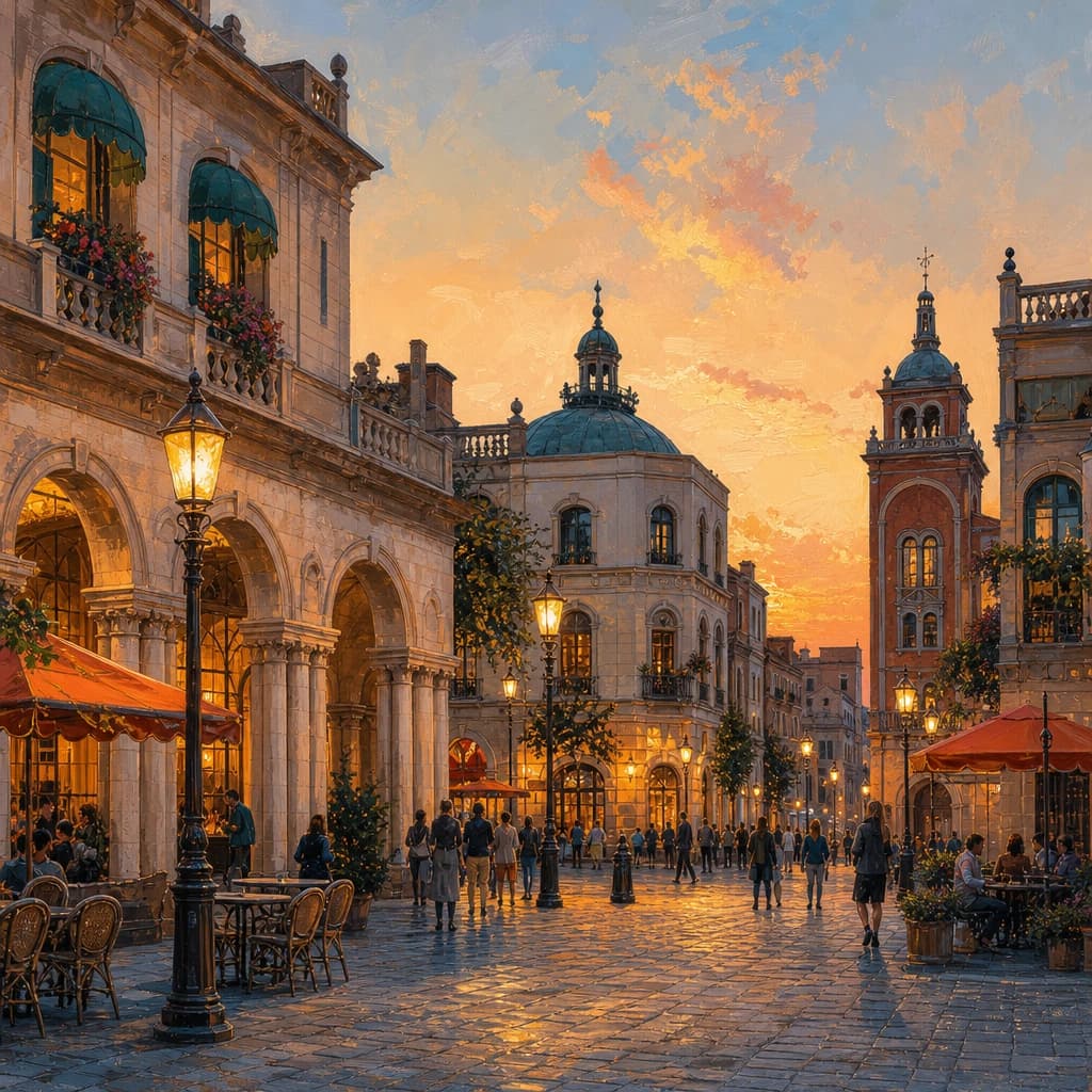 Illustrated Tianjin Italian Style Town with European plaza, arcades, cafe chairs, and warm lamps